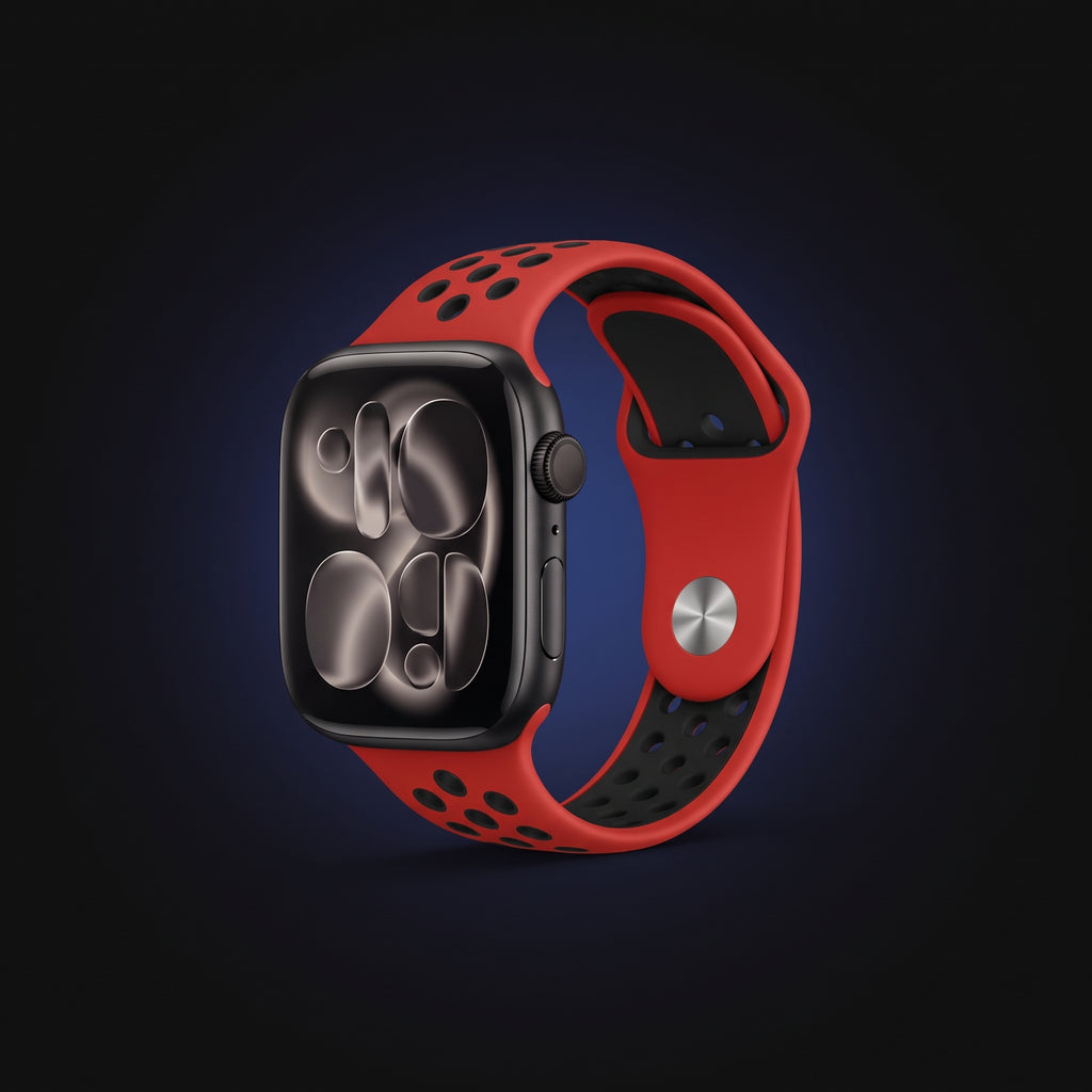 Racing Red dual-tone sport band shown on a watch; watch not included