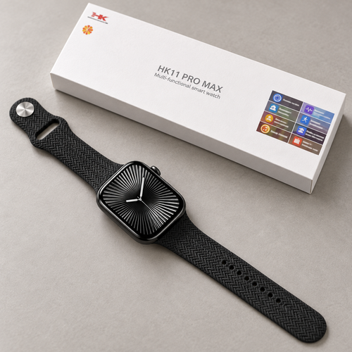 HK11 Pro Max black watch beside illustrative retail box