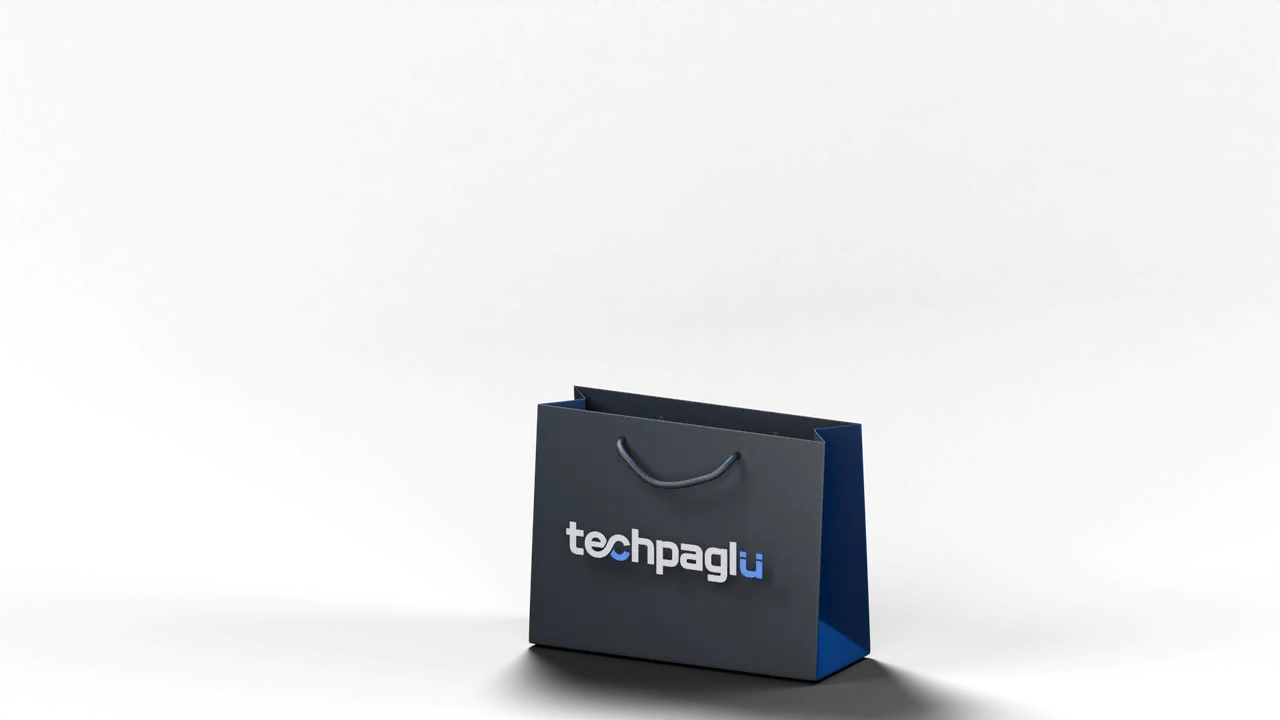 A techpaglu shopping bag revealing a phone, watch, headphones and earbuds